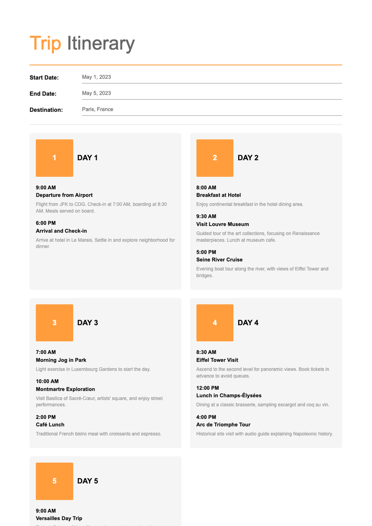 Colorful trip itinerary template with daily schedule and activity breakdown_variant_3